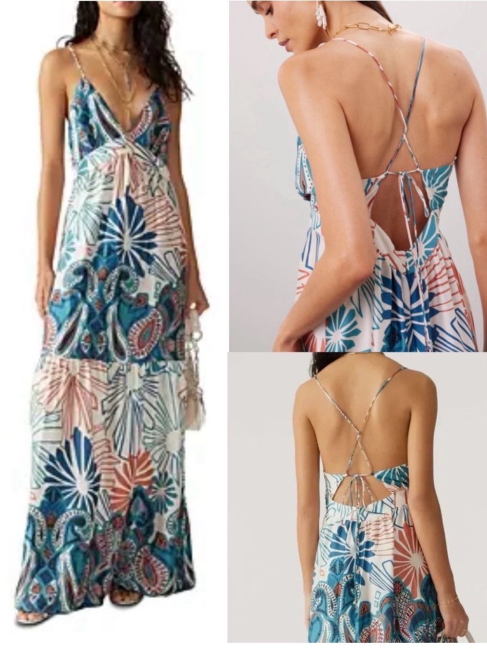 ba&sh Joyce Strappy Slip Maxi Dress Satin Boho Paisley Floral Turquoise White S